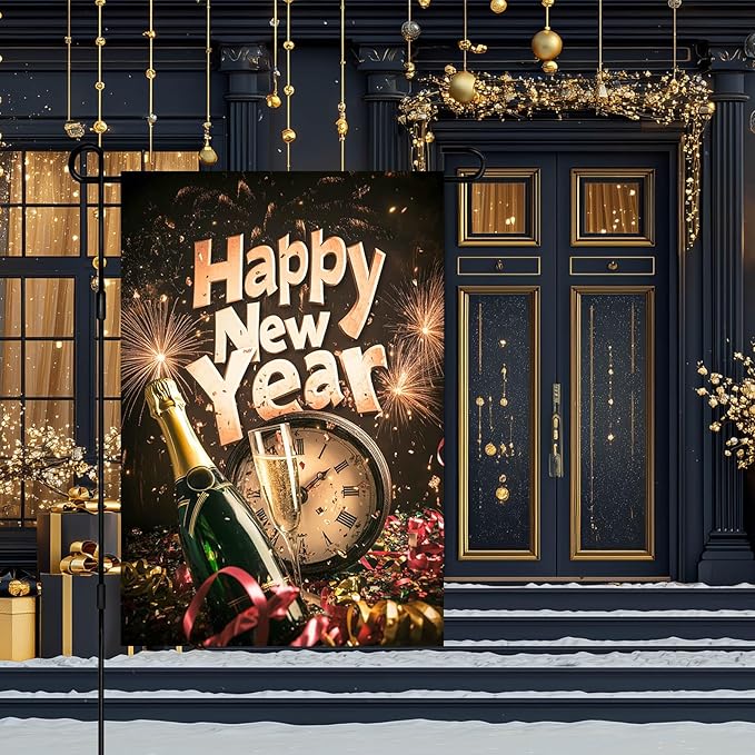 Happy New Year Garden Flag 12x18 Inch Countdown Clock Winter Holiday Yard Decor Seasonal Banner Outdoor Champagne Celebration Lawn Sign Double Sided Polyester For Girls or boys gifts