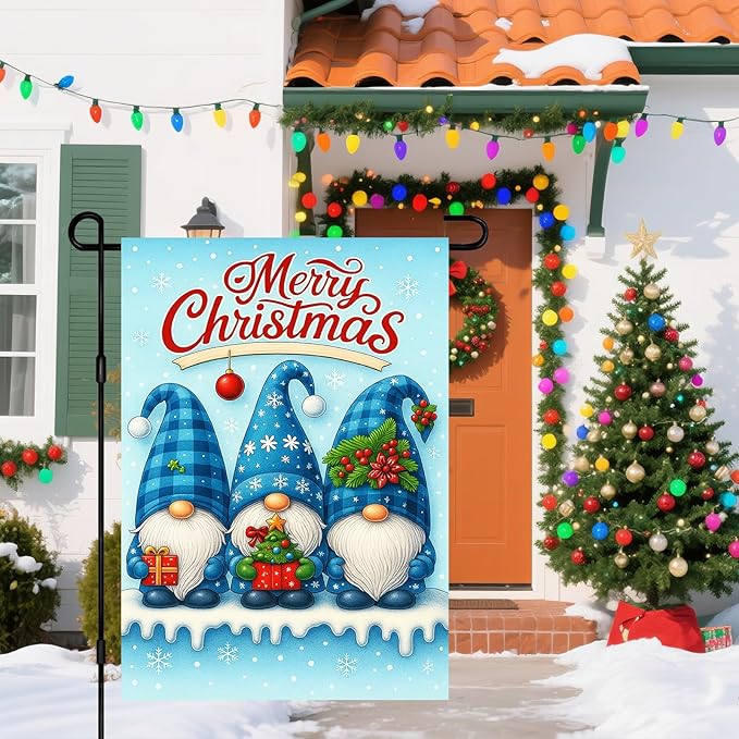 IVN Christmas Garden Flag 12x18 Inch Double Sided Blue Gnomes with Gifts and Snowflakes Outdoor Yard Flag for Outside Home Front Door Lawn Porch Patio Welcome Decor