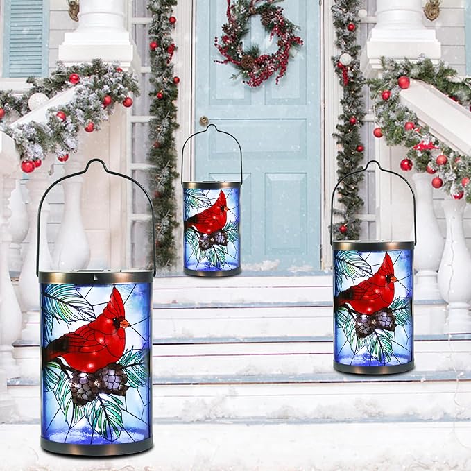 Afirst Christmas Solar Lantern - Cardinal Decorative Glass Solar Lights Outdoor Waterproof Tabletop Lamp for Garden Yard Patio Decor