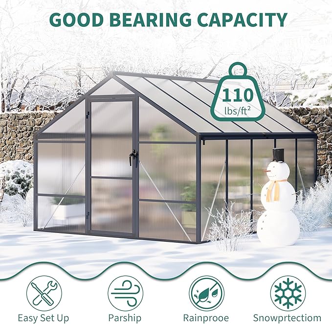8x10ft Greenhouse Aluminum Greenhouse for Outdoors with Roof Vent, Lockable Outward-Opening Swing Door, Heavy-Duty Polycarbonate Walk-in Green House for Garden, Backyard, Patio, Lawn, Dark Grey