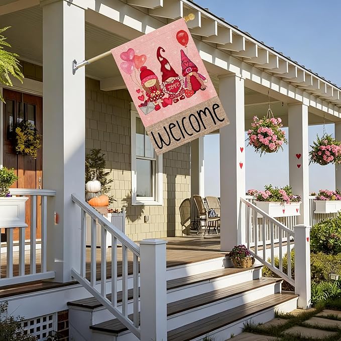 Welcome Valentines Day Gnomes House Flag 28x40 Inch Double Sided Outside Red Balloon for Outdoor Farmhouse Anniversary Holiday Yard Valentine Decoration FF-225