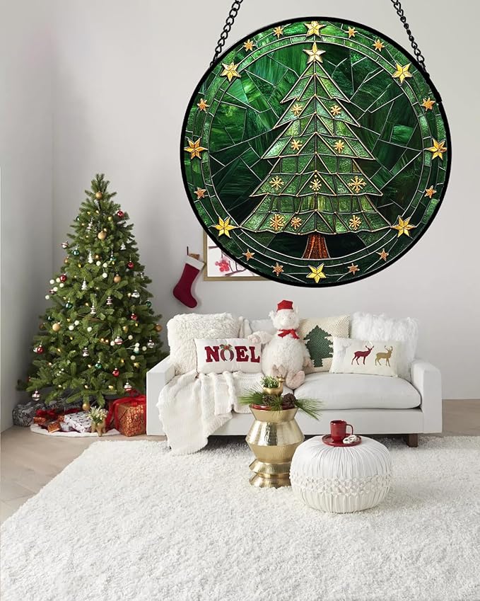 Stained Glass Window Hanging - Green Christmas Tree with Golden Stars Suncatcher for Doors Home Christmas Decoration Sun Catcher Thanksgiving New Year Birthday Gifts for Women Men Mom Nana 7.8 in