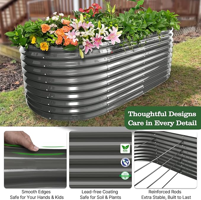 A ANLEOLIFE 30" Extra Tall Galvanized Raised Garden Beds Outdoor, 8x4x2.5ft Oval Metal Planter Boxes for Planting Vegetables, Flowers, Fruits, Eco-Safe & Easy Setup, Quartz Grey