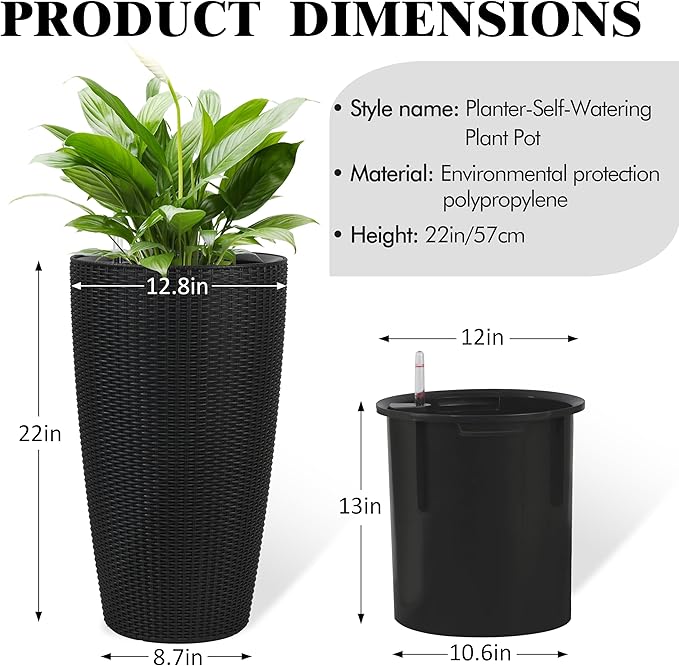 Vigo huseeo 22" Tall Planter Set of 2, Large Self Watering Pots for Indoor/Outdoor Plants with Drain Holes, Water Level Monitor, Inner Bucket for Front Porch Patio, Black Rattan Conical
