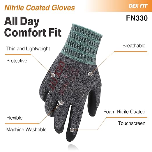 DEX FIT Nitrile Work Gloves FN330, 3 Pairs, 3D-Comfort Stretchy Fit, Firm Grip, Thin & Lightweight, Touch-Screen Compatible, Durable, Breathable & Cool, Machine Washable; Black Grey L (9)