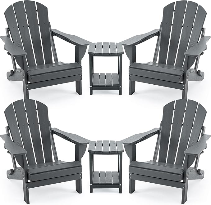 4 Chairs & 2 Tables Folding Adirondack Chair Set with Side Table – HDPE Weatherproof Outdoor Patio Chairs with Reclining Back and Cup Holders, 2-Tier Storage End Tables for Firepit Garden(Gray)