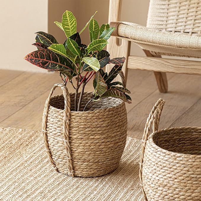 Rattan Grass Woven Flower Basket, Decorative Round Wicker Woven Rope Storage Blanket Basket with Woven Handles,Planter Pot for Living Room,Floor Standing Storage,Balcony Garden Decoration