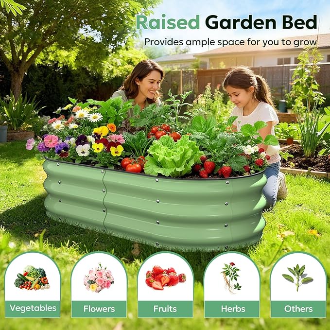 Galvanized Raised Garden Bed, Oval Planter Raised Bed 4x2x1ft Metal Raised Garden Bed Outdoor for Growing Vegetables, Flowers, Herbs, Metal Planter Box for Yard, Patios, Balconies(Fruit Green)