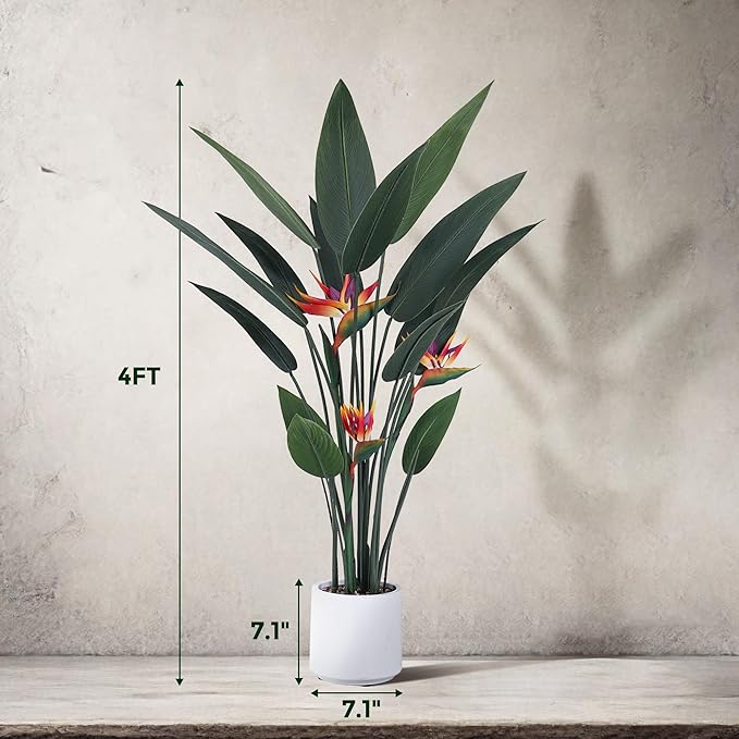 Artificial Bird of Paradise Plant 48in(4Ft) Tall Fake Banana Leaf Plant for Indoors and Outdoors, Artificial Flowers, Faux Palm Tree with Plastic Pot for Office and Home Decor