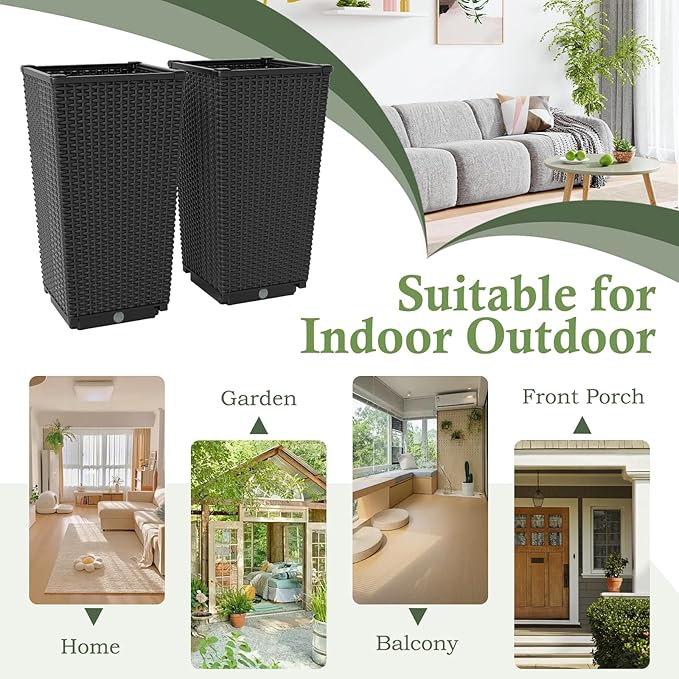 Giantex Set of 2 Outdoor Wicker Flower Pot, 23 Inch Tall Planters with Drainage Hole, Self-Watering Tray, Rattan Flower Pots, Indoor Outdoor Decoration for Front Porch Balcony Entryway (Black)