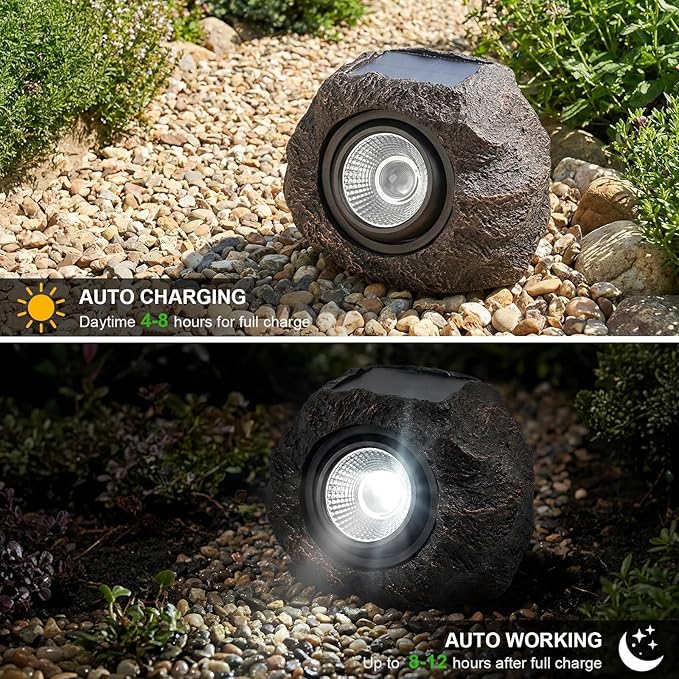 Solar Garden Rock Lights Outdoor - IP65 LED Waterproof Solar Spotlight, Solar Powered Landscape Path Decorative Garden Stone Lights for Pathway, Walkway, Yard, Patio (2 Pack)