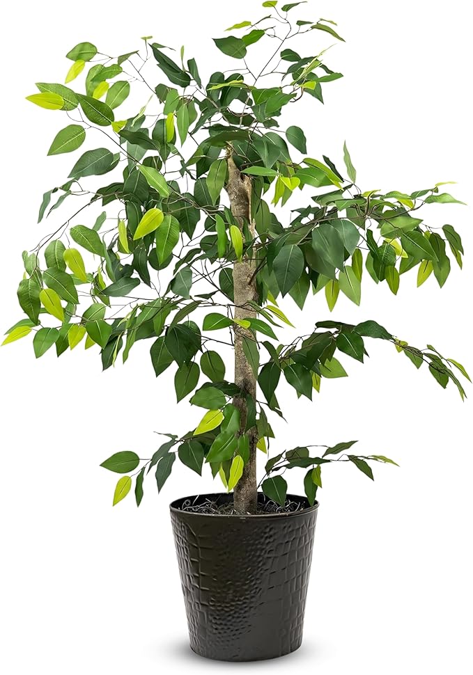 LCG Florals 4ft Ficus Tree in Black Metal Pot with Real-Wood Trunk - Indoor and Outdoor Faux Plants for Patio, Living Rooms, Offices & Outdoor Spaces