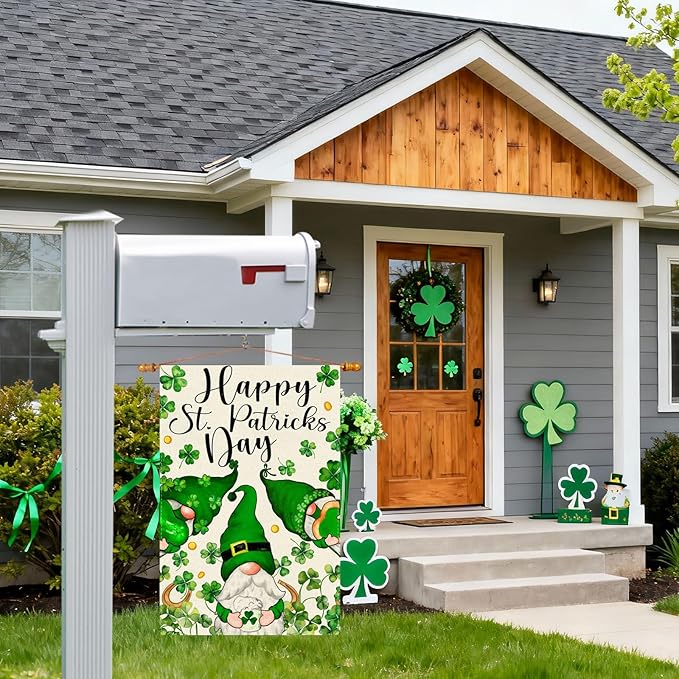 Gnomes Green Shamrocks Clovers St. Patrick's Day Garden Flag 12x18 Inch Double Sided Small Mini Yard Flag Outdoor Outside Holiday Party Decoration