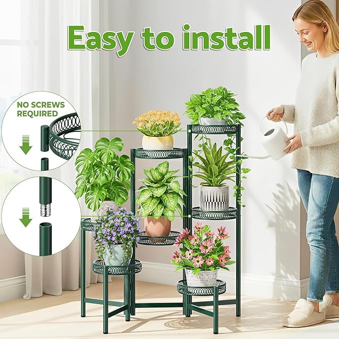 NQW 7 Tier Metal Corner Plant Stand Indoor Outdoor, Folding Tall Plant Rack, Heavy Duty Wrought Iron Flower Pot Stand, Planter Display Rack for Living Room Balcony Garden Patio - GreenFlower