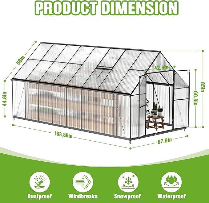 8x16FT Polycarbonate Green House with Roof Vent, Large Aluminum Frame Quick Setup Greenhouse, Walk in Green Houses Heavy Duty for Winter Outside Backyard Garden Patio (8x16FT)