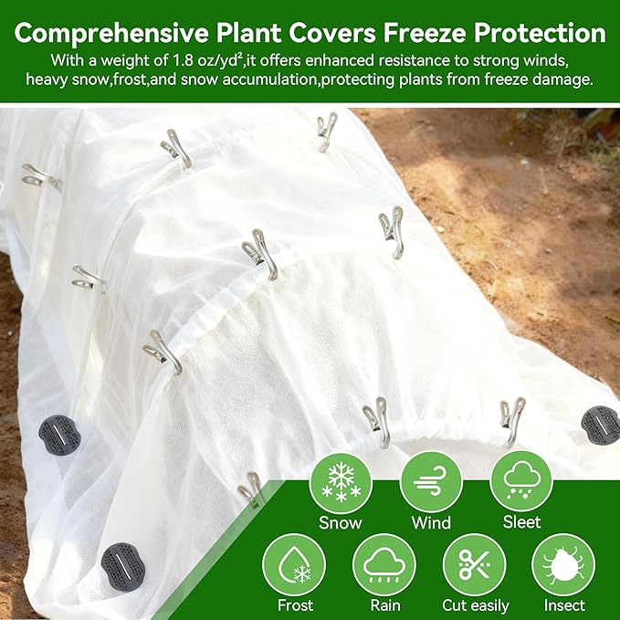 MuyuRise 10 FT x 33 FT Plant Covers Freeze Protection kit - 1.8 oz/yd² Thickened Frost Cloths Blankets with Garden Row Cover Accessories for Outdoor Plants, Protect in Winter Cold/Sun Pests (White)