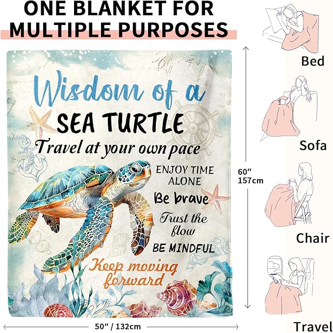 Glydein Positive Sea Turtle Gifts for Women Men, Flannel Soft Blanket Decor, Sea Turtle Gifts for Turtles Lovers, Inspirational Healing Gift for Friend Meditator Graduate - 50x60 inches
