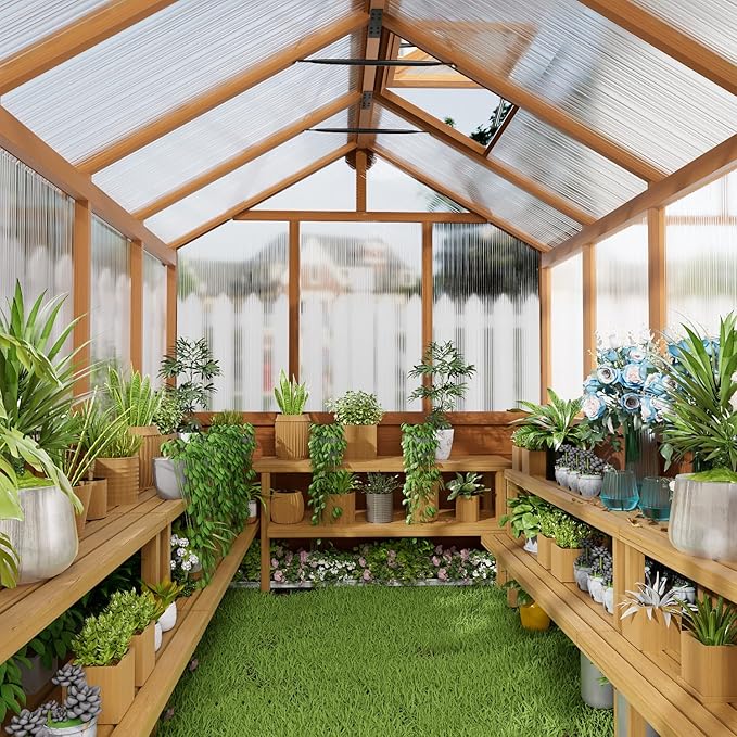 6x10 FT Wooden Greenhouse,Natural Wood Garden House for Plants,Heavy Duty Green House with Polycarbonate Panel, Walk-in Large Garden Greenhouse for Yard, Patio, and Backyard