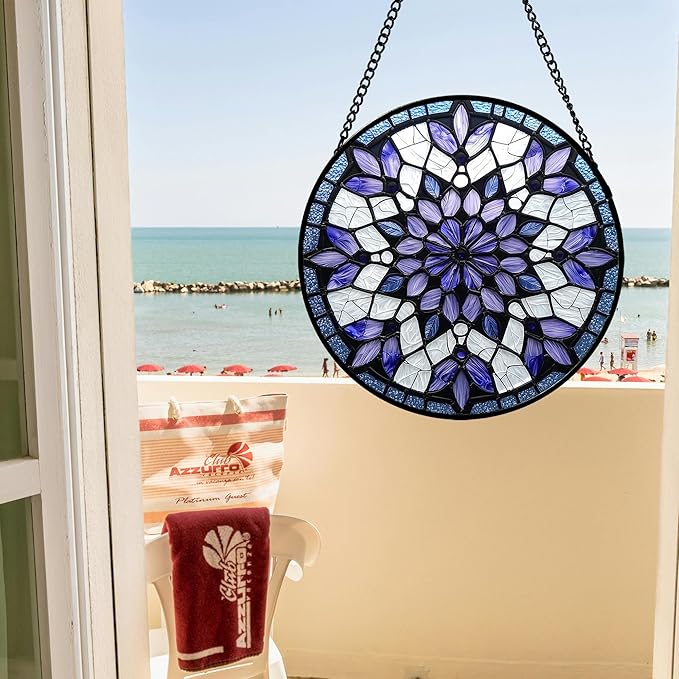 AMDERVEN Stained Glass Window Hanging, Purple Blue Tiffany Style Flowers Sun Catcher for Window Door Home Decor Suncatcher Christmas Mother's Day Birthday Gifts for Women Men Mom Nana 6.3 in