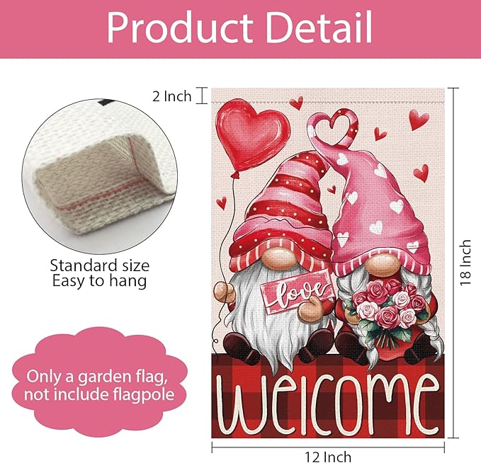 Valentines Day Gnomes Garden Flag 12x18 Inch Double Sided，Flower Love Hearts Welcome Small Burlap Yard Flag for Home Outside Holiday Decoration