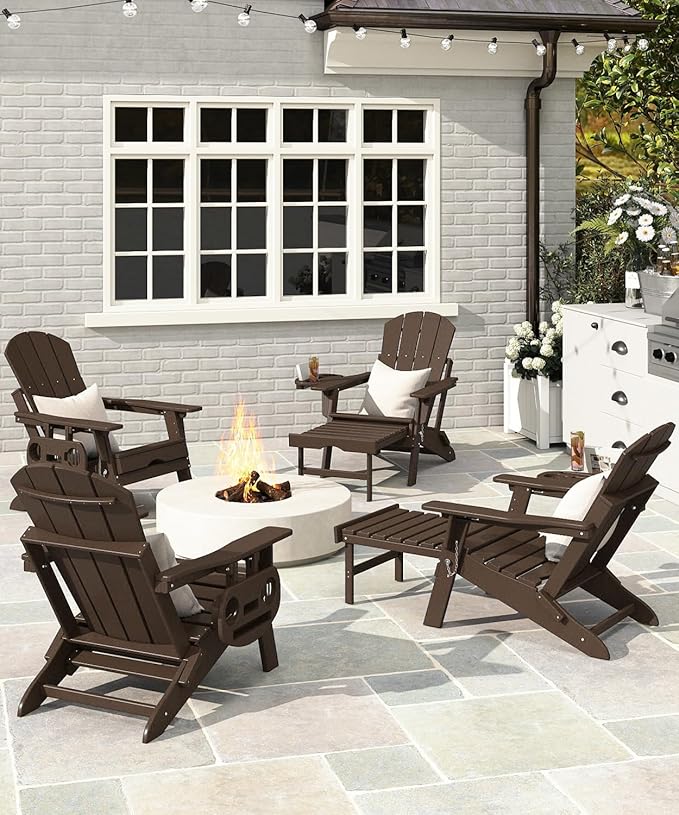 Adjustable Adirondack Chair with Retractable Ottoman Set of 2, HDPE Folding Adirondack Chair with Cup Holder, All Weather Fire Pit Chair for Outdoor,Coffee