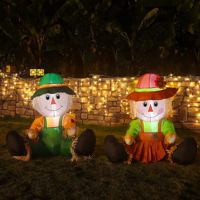 Lulu Home Fall Inflatable Decoration, 3.3FT Air Blown Scarecrow Couples with Built-in LED Lights for Harvest Indoor Outdoor Front Door Yard Lawn Garden Thanksgiving Decor, Set of 2