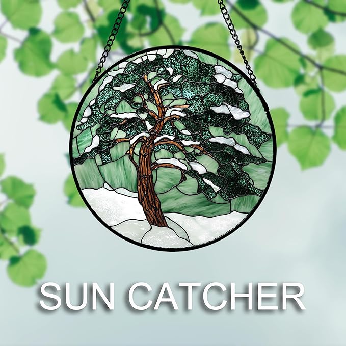 Stained Glass Window Hanging 4 Pcs Set Forest Green Trees Winter Snow 7.8" - Suncatcher Door Garden Sun Catcher Home Decor Birthday Mother's Day for Woman Nana Mom Men