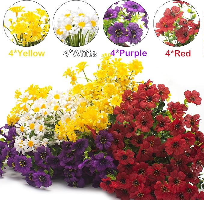 Outdoor Artificial Flowers, 16 Bundles UV Resistant Realistic Faux Plastic Plants with Colorful Daisies for Porch, Patio, Yard, Garden, Spring Home Decor (Window Box & Planters)
