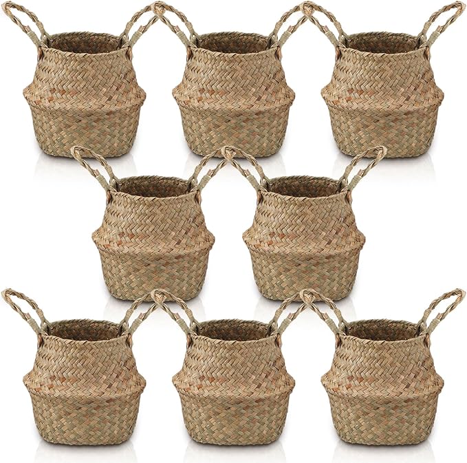 Qunclay 8 Pcs Woven Seagrass Baskets Belly Basket Folding Boho Natural Plant Pot with Handles Round Decorative Wicker Large Indoor Planter for Home Outdoor Tree Planters Decor (XXS,6.3''dx5.5''h)
