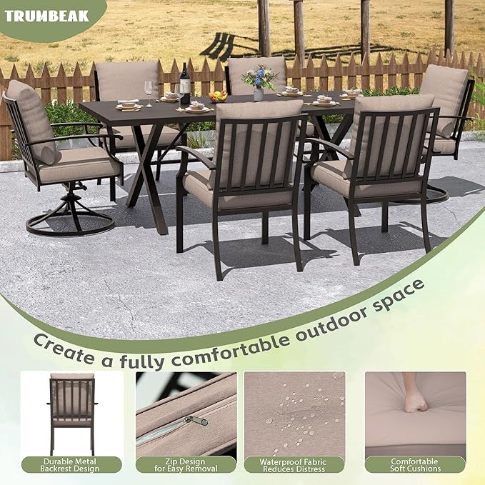 7-Piece Patio Dining Set Outdoor Conversation Set,Metal Outdoor Furniture Set with Umbrella Hole Cut-Out 78.7" x 35.4" Table and 6 Metal Chairs for Backyard,Garden,Sand