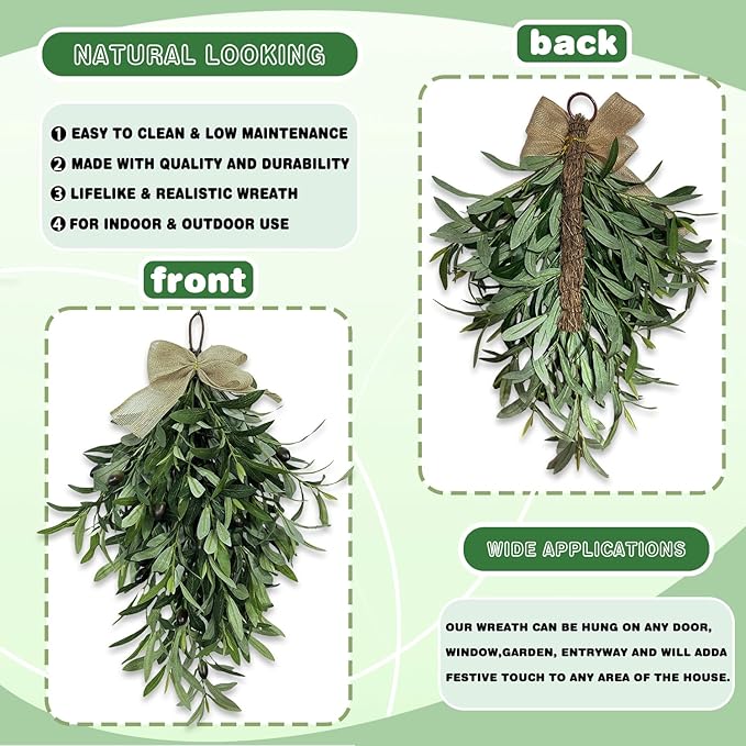 24 Inch Artificial Teardrop Swag Olive Wreath Pendant, Front Door Wedding Arch Window Wall Decoration, Wall Mounted Green Swag Wreath Home Porch Farmhouse Holiday Decoration(2pcs)