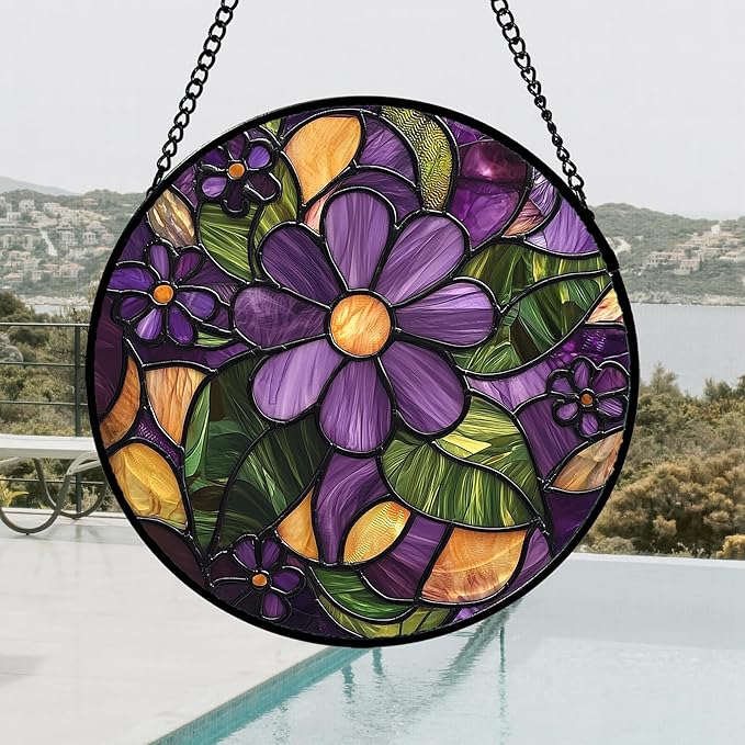 AMDERVEN Stained Glass Window Hanging, Purple Green Flowers Sun Catcher for Door Home Decor Plants Suncatcher Christmas Mother's Day Birthday Gifts for Women Men Mom and Nana 15 in