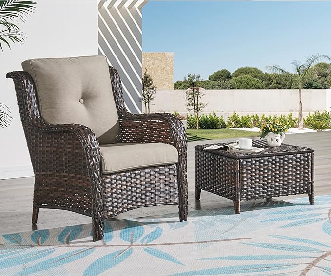 HUMMUH 5 Pieces Patio Bistro Set Wicker Patio Chairs Set of 2 with Ottomans and Side Table Rattan Outdoor Furniture Conversation Set for Yard,Garden,Porch…
