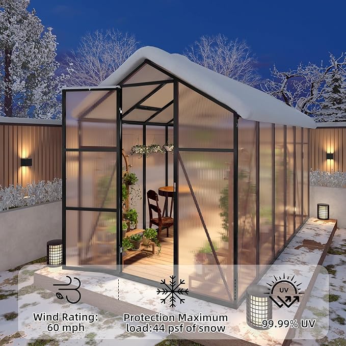 6x14x7 FT Greenhouse, Polycarbonate Greenhouse for Outdoors with Stronger Wind Protection and Roof Vent, Walk-in Large Aluminum Sunroom Winter Proof, Black