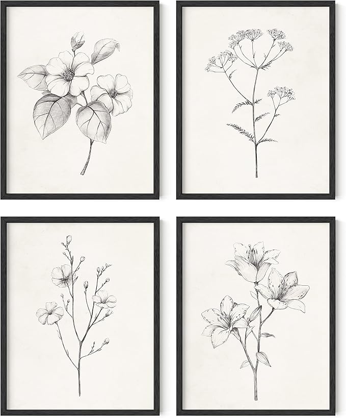 HAUS AND HUES Grey Floral Wall Art - Set of 4 Plant Posters for Wall Vintage, Botanical Prints, Black and White Flower Pictures for Room Aesthetic, Farmhouse Bathroom, Rustic Art (Black Frame, 11x14)