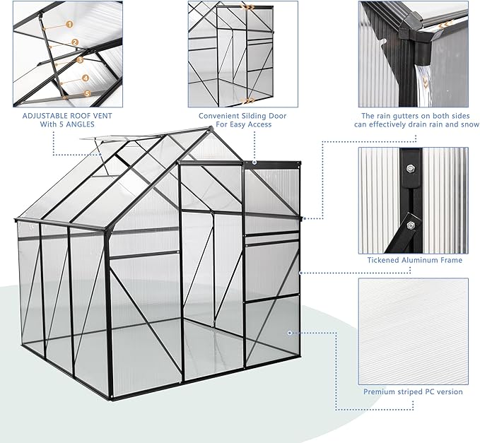 Favfurish 6X6 FT Polycarbonate Greenhouse, All Season Heavy Duty Walk-in Garden Plants Green House for Outdoor Backyard, Raised Base and Anchor Aluminum, Black