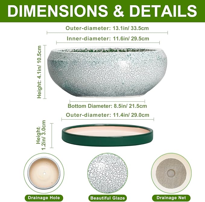 EPFamily Bonsai Pots 13 Inch - Shallow Ceramic Planter with Drainage Hole and Saucer, Round Succulent Pots for Indoor Outdoor, Large Succulent Planter, Apartment Decor, Gardening Gifts, Green