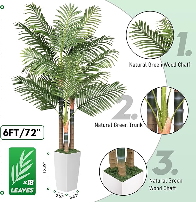 6ft Artificial Palm Tree Indoor Plant with White Tall Planter, Faux Silk Tropical Areca Floor Plant in Pot, Artificial Plants with Lifelike Leaves for Home Office Decor