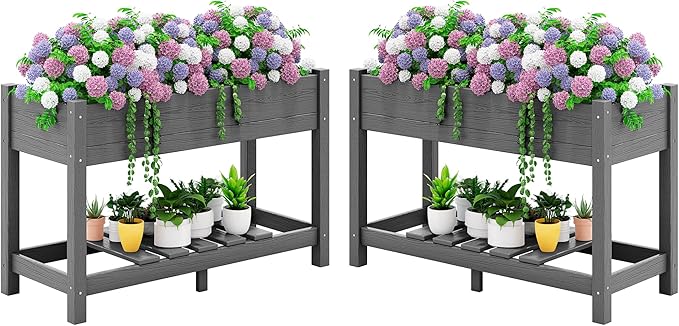 SERWALL Raised Garden Bed with Legs Set of 2, 43"×17"×30" Large HDPE Elevated Planter Box for Vegetables Flower Herb Patio, All Weather Use- Gray
