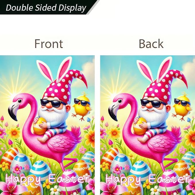 Happy Easter Garden Flag 12x18 Inch Double Sided Gnome Flamingo Bunny with Easter Egg Design Small Outdoor Yard Flag Spring Easter Welcome Banner for Porch Lawn Patio Garden Decor