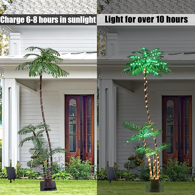 SOSHOT 7FT Solar Lighted Palm Trees for Outside Patio Light Up 260 LED Artificial Fake Tree Lights for Pool Bar Tropical Party Deck Outdoor Decorations