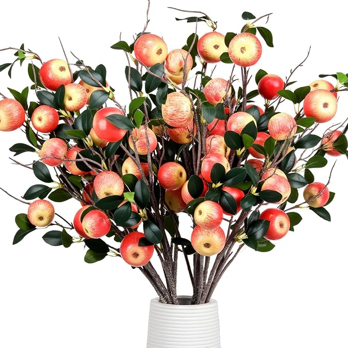10 Pcs 35.43 Inches Artificial Branches Fake Apple Realistic Tall Apple Bouquets Tree Branch with Long Stem and Green Leaves Fruit Plant for Home Office Vase Filler Shop Decoration