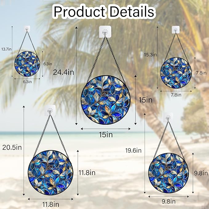 JOSUMALY Stained Glass Window Hanging - Blue Gold Abstract Flowers Suncatcher for Door Terrace Garden Home Decor, Plant Sun Catcher Birthday Gifts for Lovers Women Men Dad Mom Nana 9.8 in
