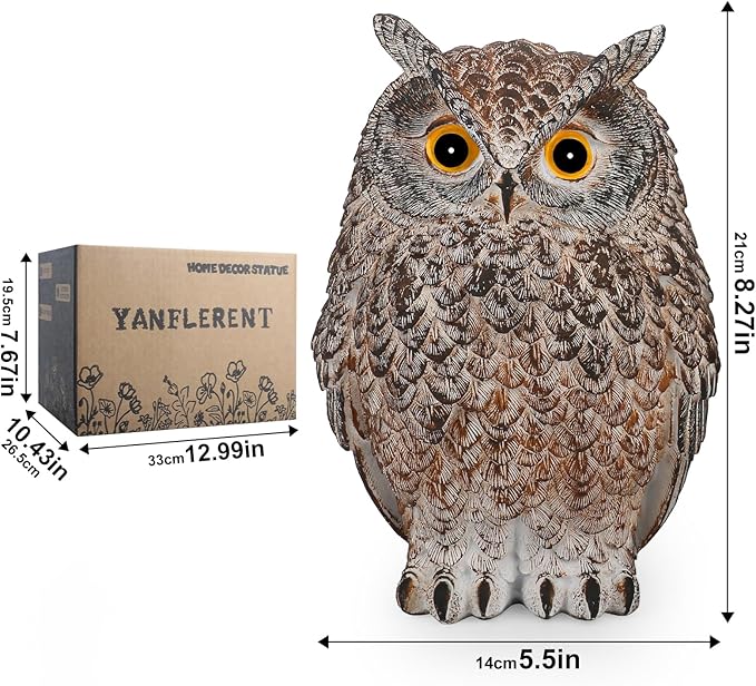Yanflerent 8.3" Realistic Owl Statue for Indoor & Outdoor Decoration, Effective Birds Deterrent for Garden, Patio, Yard, Fake Owl Suitable for Home Decor (Brown)