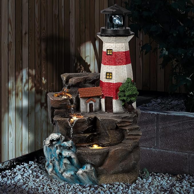 Ferrisland Lighthouse Big Waterfall Fountain Outdoor, Freestanding Relaxing Water Fountain, Garden Backyard Decking Home Nautical Art Decor, Gift Ideas(Red & White, 23" H)