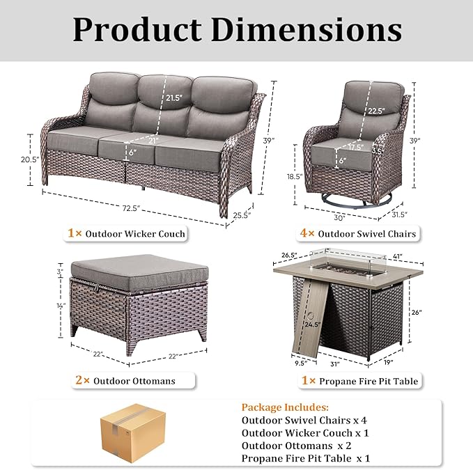 Luxury Patio Furniture Set with 42.5" Fire Pit Table, 8 Pieces High Back All Weather Wicker Outdoor Furniture w/ 6-Inch Thick Cushions, Patio Swivel Chairs Couch for Deck Balcony Backyard Brown/Grey