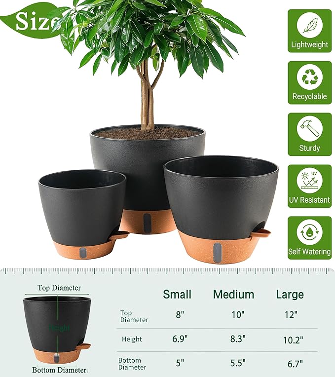 Fielda 8/10/12 Inch Self Watering Pots for Indoor/Outdoor Plants - Large Plastic Planter with Drainage Holes, Water Level Indicator & Deep Reservoir, Modern Decorative Flower Pots (Black)