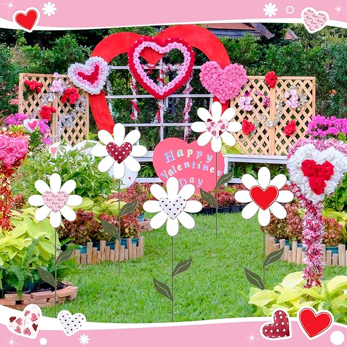 Nuanchu 5 Pcs 27.4" Metal Valentine's Day Yard Signs Valentine Yard Sign Stake Waterproof Love Heart Flower Lawn Signs Valentine Outdoor Decorations for Outside Garden Patio Pathway Home Decor