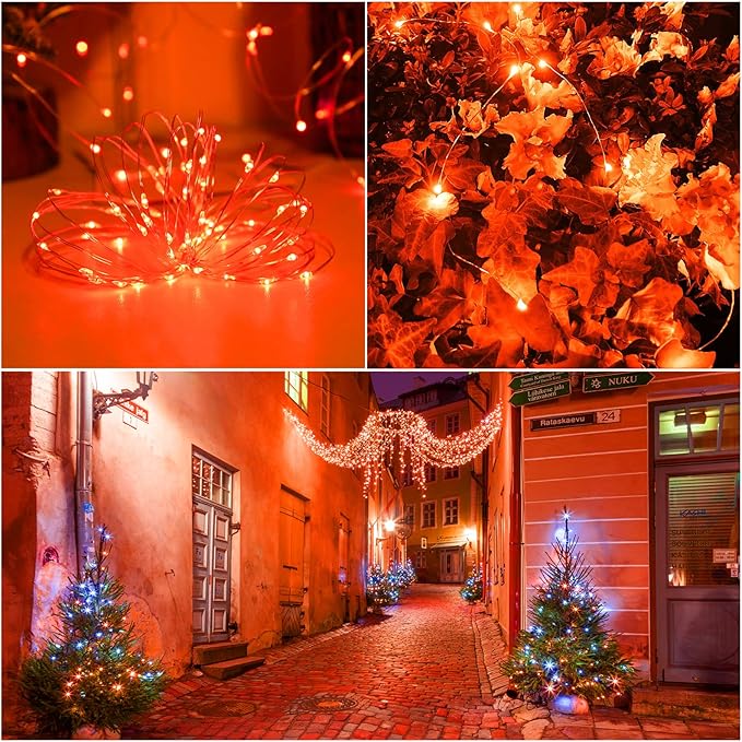 YAOZHOU Fall Outdoor Decorations, Orange Solar String Lights Outdoor, 2Pack Total 200 LED Fairy Fall Lights Thanksgiving Halloween Decor, 8 Modes Waterproof for Porch, Garden, Patio, Fence, Balcony