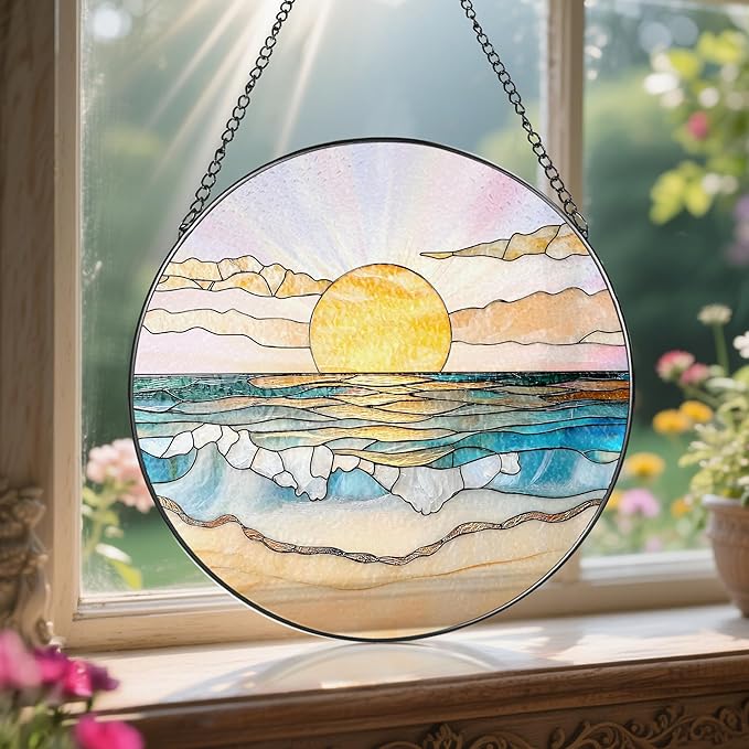 LAOWEIKI 8'' Ocean Sunset Suncatcher Ornament, Stained Glass Window Hanging, Suncatchers for Windows Hanging Ornaments, Window Decor | Beach Lover Gift, Summer Vibes Gift, Gifts for Friends, Famliy